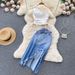 Women's Smocked Strappy Shoulder Vest Irregular Raw Edge Slit Denim Skirt Two-piece Set_ipsvogv.com