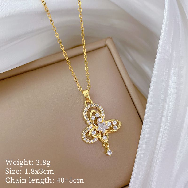 Double 【 】 Layered Butterfly Light Luxury Charm Gorgeous Full Diamond Necklace Women's Versatile Clavicle Chain Titanium 【 】_ipsvogv.com