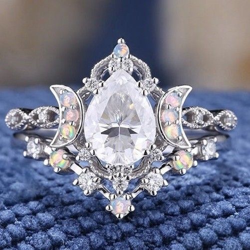 Sanjie Inlaid Moonstone Colorful Treasure For Women, Fashionable And Versatile, Waterdrop Zircon Star Moon Pair Ring_ipsvogv.com