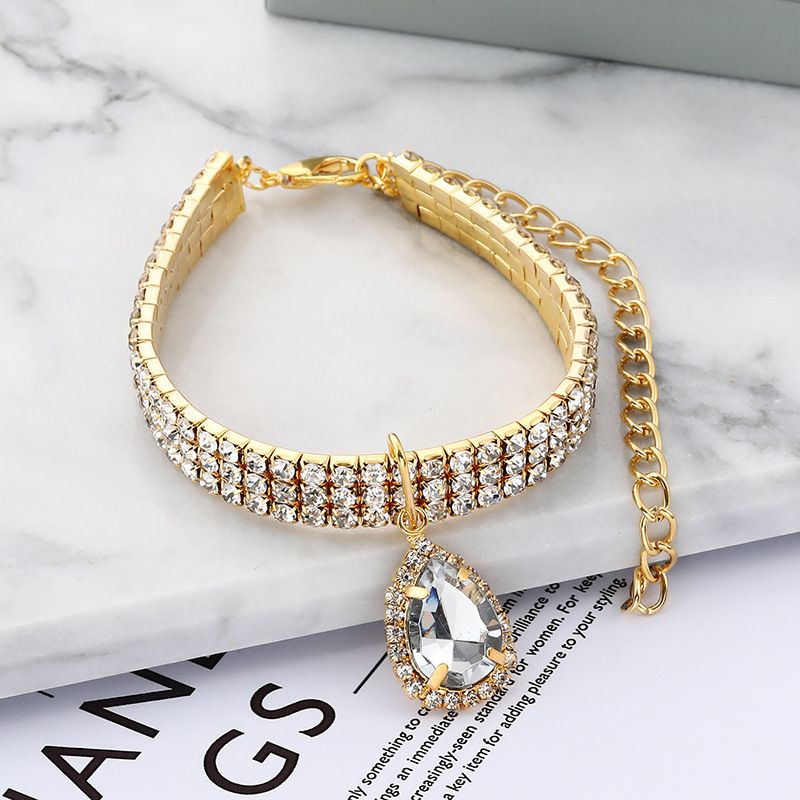 Three Row Diamond Rhinestone Pet Collars, Water Drop Color Pendants, Elastic Cat And Dog Necklace Accessories_ipsvogv.com