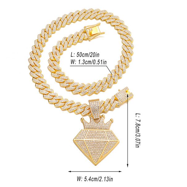 Full Diamond Triangle Hip Hop Pendant Light Luxury Exaggerate Crown Alloy Water Diamond Cuban Chain_ipsvogv.com