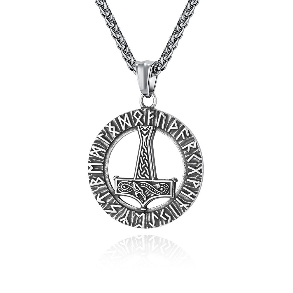 Retro Nordic Viking rune stainless steel necklace Thor's hammer personality culture Rune text pendant_ipsvogv.com