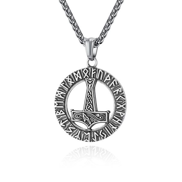 Retro Nordic Viking rune stainless steel necklace Thor's hammer personality culture Rune text pendant_ipsvogv.com