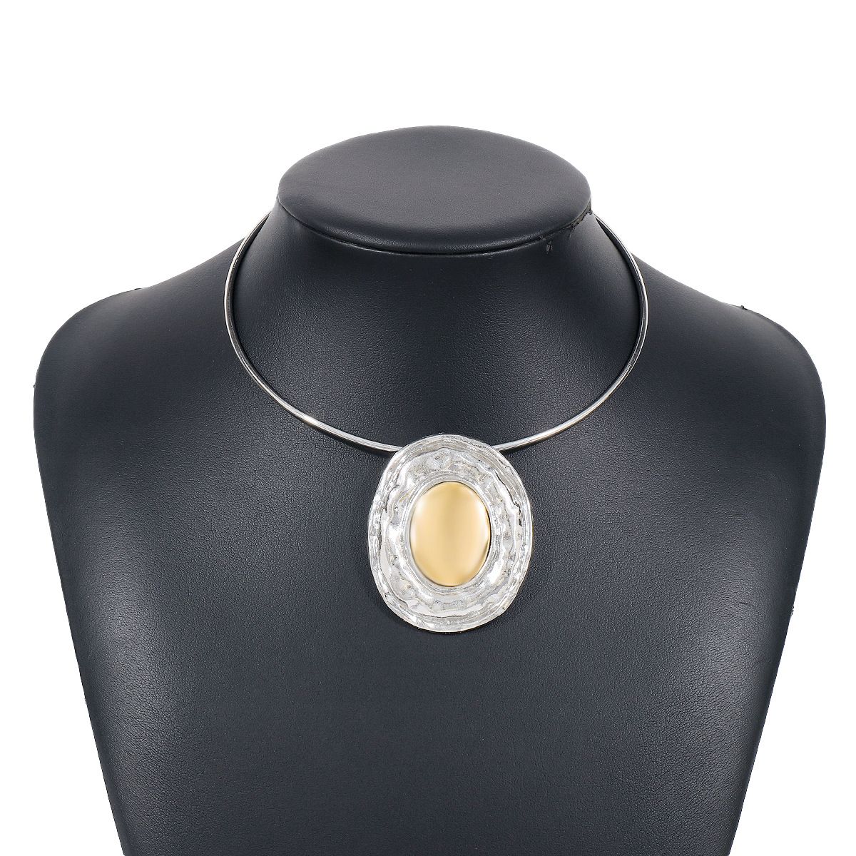 N11554 Spliced Elliptical Mirror with Metal Color Block Pendant Necklace Collar_ipsvogv.com