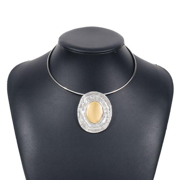 N11554 Spliced Elliptical Mirror with Metal Color Block Pendant Necklace Collar_ipsvogv.com