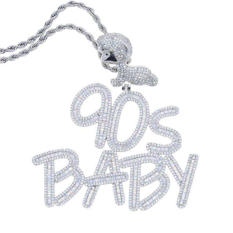 Men's Punk Style Zircon Letter Necklace - 90S Baby Hip Hop Chain With Cubic Zirconia, Adjustable 24-32 Inches (Silver/Gold) Zircon Men's Necklace_ipsvogv.com
