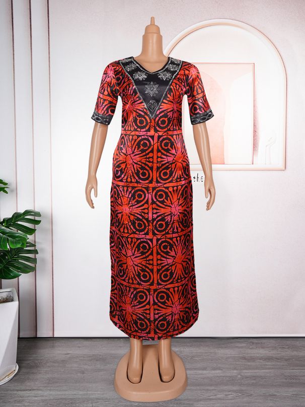 Women's Clothing plus size loose robes V neck printed dress_ipsvogv.com