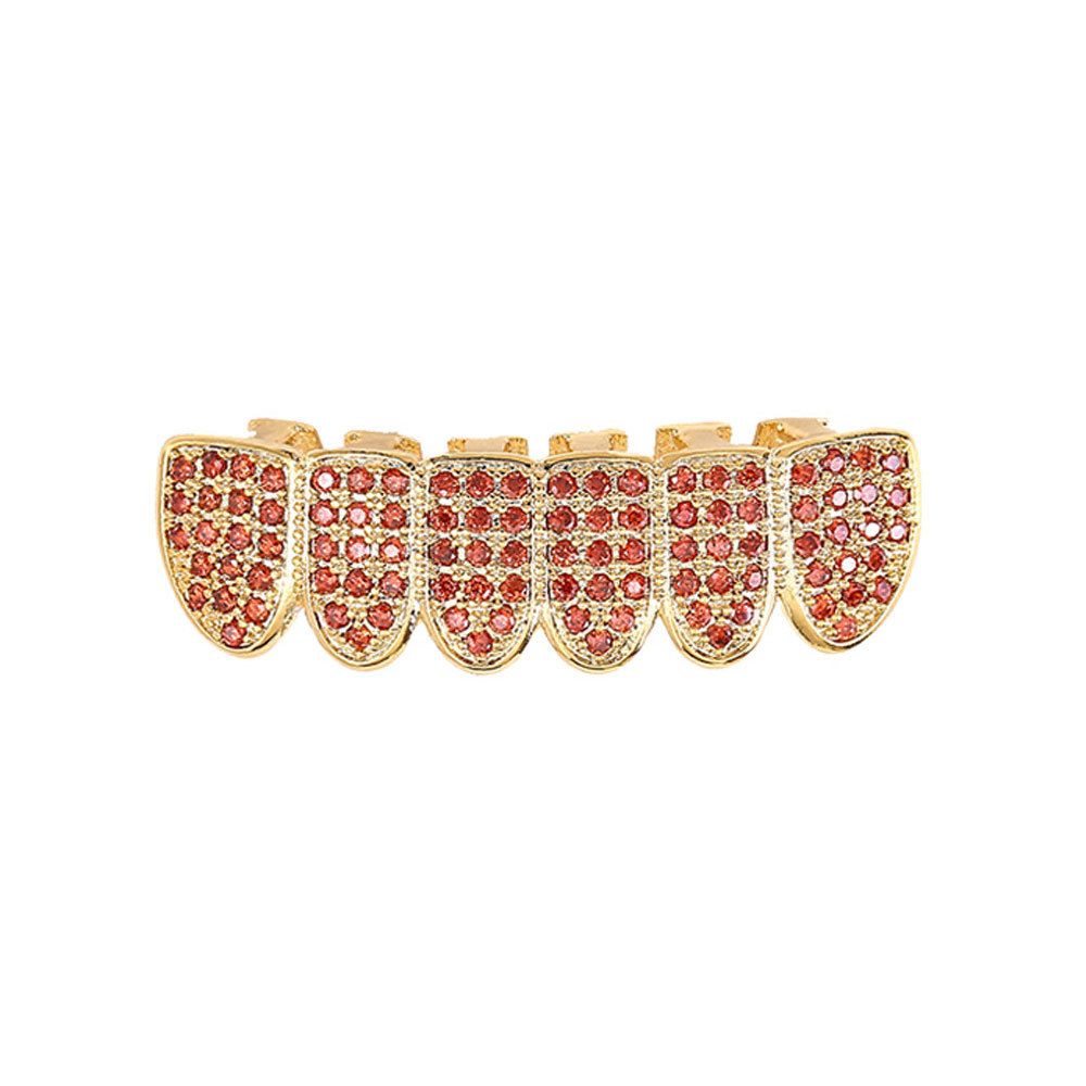 Hip Hop Braces, Colored Micro Inlaid Zircon Braces, Pomegranate Red Zircon Gold Braces, Hip Hop Braces, Men's Jewelry_ipsvogv.com