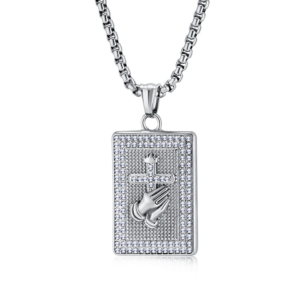 Hiphop praying hands cross full diamond titanium steel necklace plated K pendant_ipsvogv.com