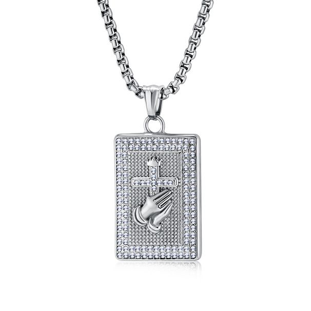 Hiphop praying hands cross full diamond titanium steel necklace plated K pendant_ipsvogv.com