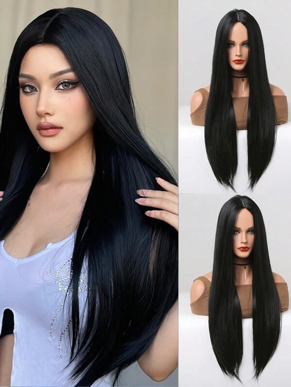 hot selling Black Long Straight Synthetic for Women Middle Part Hairline Natural Looking Wear Full Wig 26 Inches Daily Party_ipsvogv.com