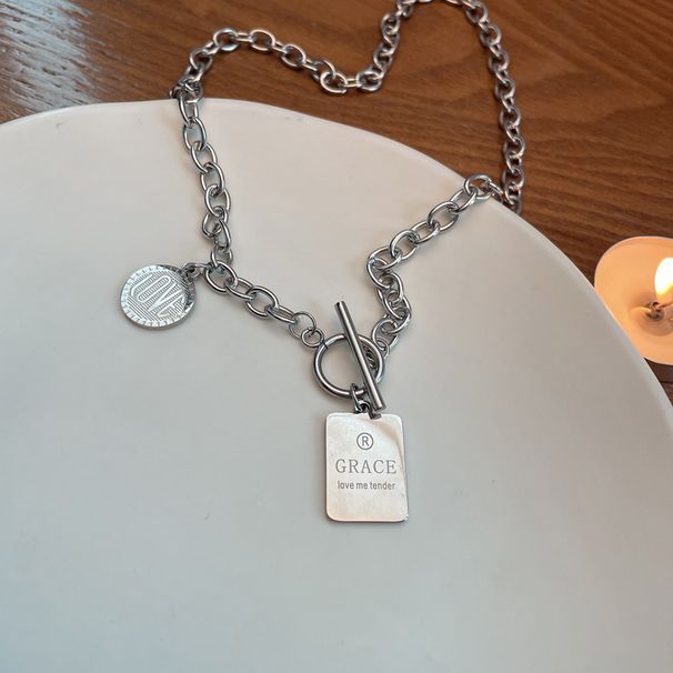 Titanium Steel Colorless Temperament Fashion Accessories Hip Hop Necklace ins Cool Wind Letter Square Plate Collar Chain_ipsvogv.com