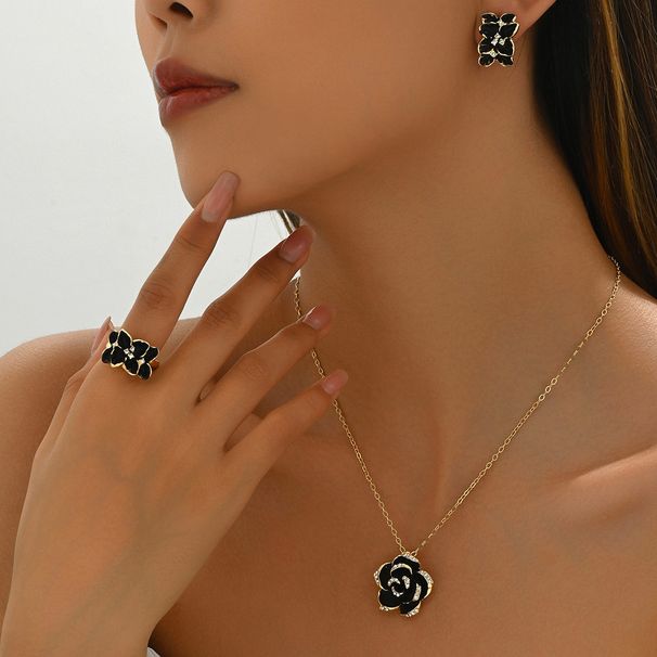 Fashion OL niche flower ring earring set, versatile rose design, long necklace jewelry_ipsvogv.com