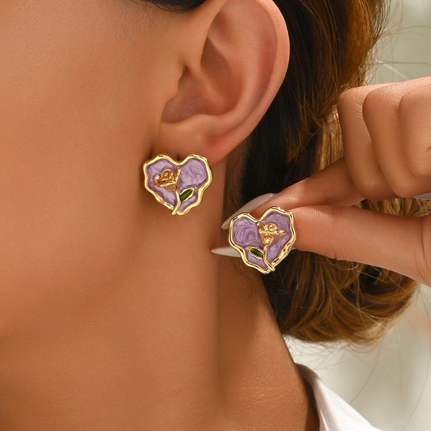 Simple and fresh rural style women's rose earrings, niche heart-shaped drip oil design, high-end earrings_ipsvogv.com