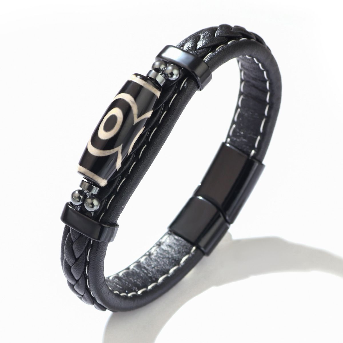 Men's Jewelry Retro Bracelets Ethnic Style Men's Bracelets Fashionable Men's Hand Woven Dzi Beads Dark Blue Leather Bracelet_ipsvogv.com