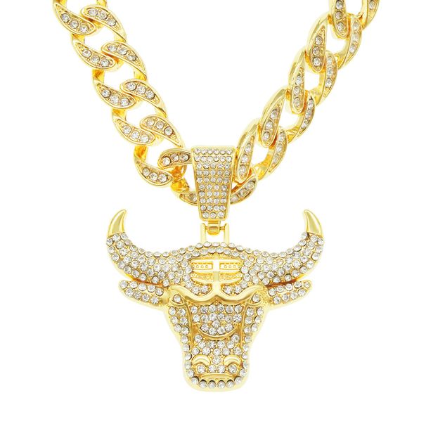 Hip hop 3D Diamond Bull Head Pendant Cuban Large Gold Chain Cool Punk Trendy Wearing Necklace_ipsvogv.com