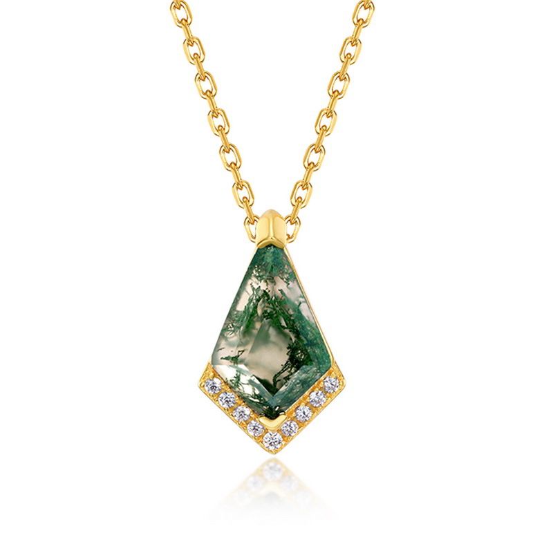 new Geometric Natural Water Grass Agate Necklace S925 Silver Inlaid Colored Gemstone Green Moss Stone Clavicle Chain_ipsvogv.com