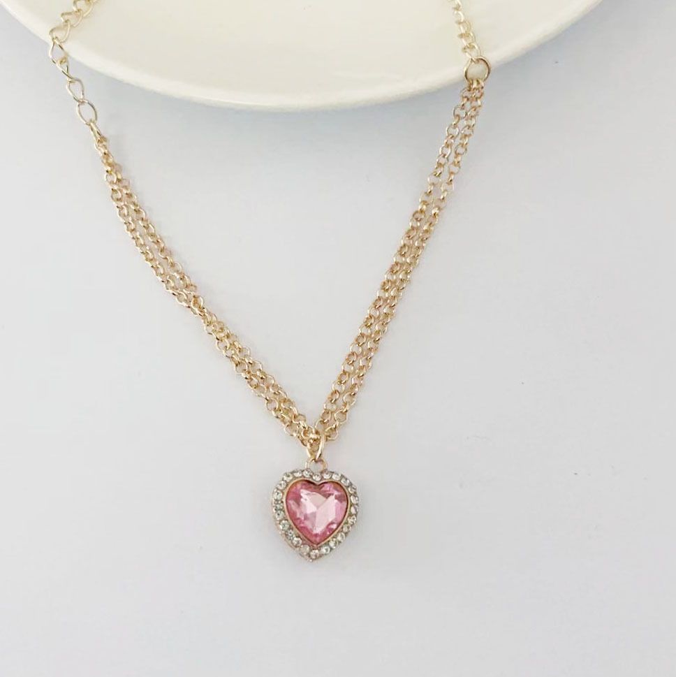 Creative simple temperament women's pink love necklace bracelet earrings ring set_ipsvogv.com