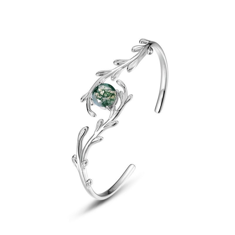 S925 Sterling Silver Bracelet Green Moss Stone Water Grass Agate Open Bracelet Silver Jewelry Fashion Light Luxury_ipsvogv.com