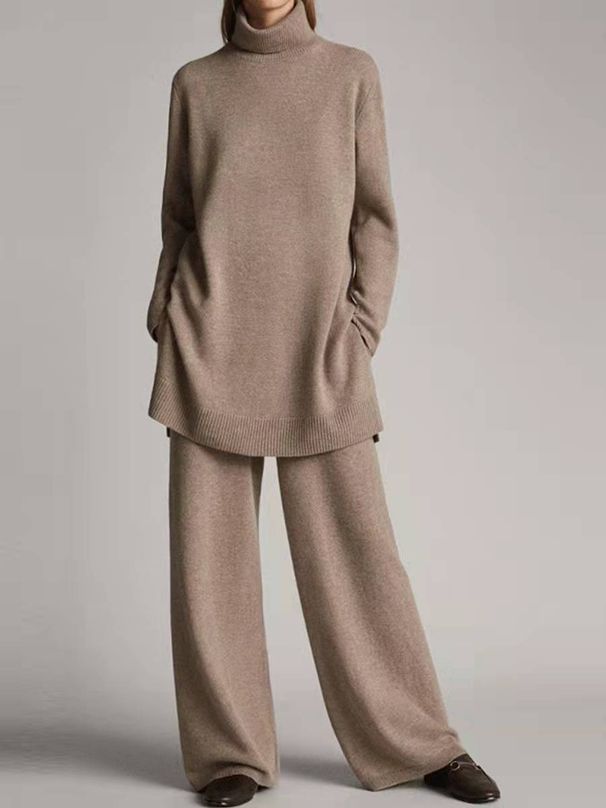 Women's Clothing spring and autumn new knitted solid color high collar loose casual two piece suit_ipsvogv.com