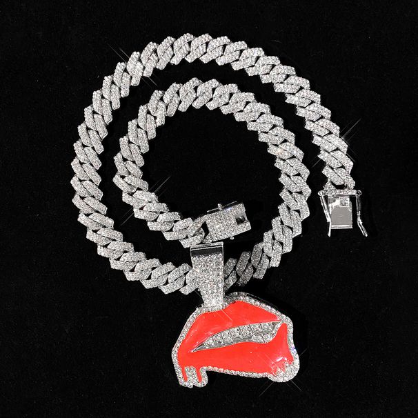 Hip Hop Alloy Engraved Red Lips Full Diamond Sexy Bite Pendant Cuban Chain Necklace_ipsvogv.com