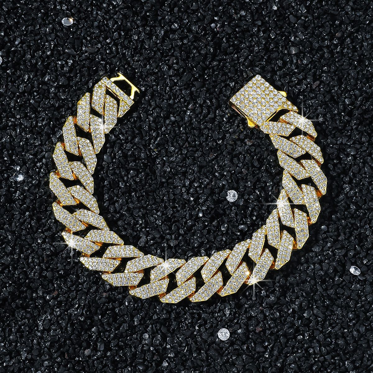 Men's 15mm wide shaped three row diamond heavy industry hip-hop style chain bracelet_ipsvogv.com