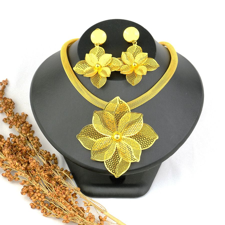 Dubai Gold Bridal Jewelry Saudi Women's Necklace Earring Set_ipsvogv.com