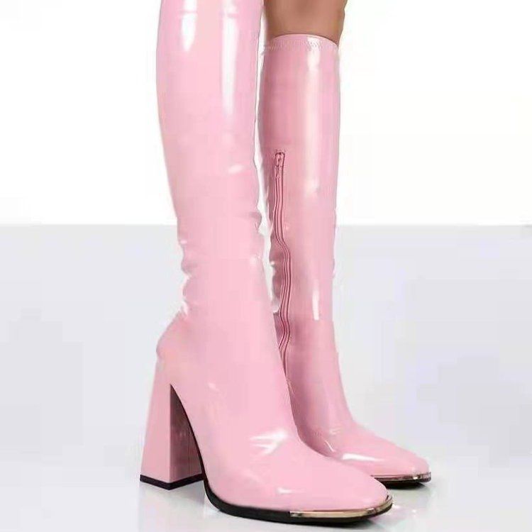 Women's Cowboy Boots new pointed toe thick heel bright leather high heel long boots for women side zipper solid color knight boots_ipsvogv.com