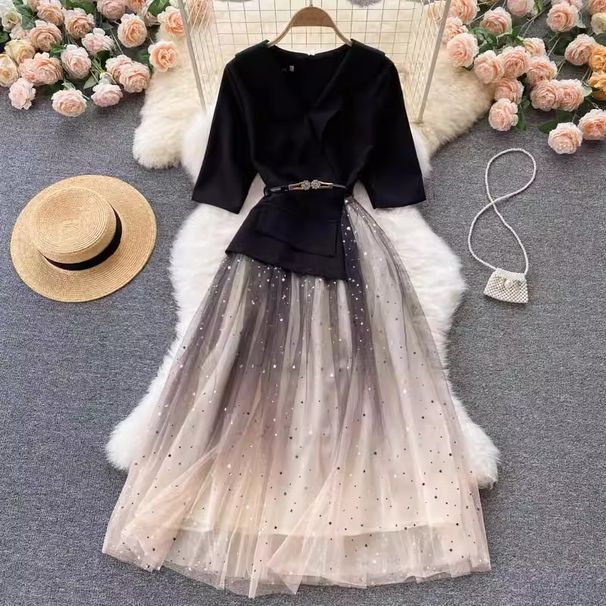 Women's Clothing new mesh dress female design sense splicing slim waist medium length first love fairy dress_ipsvogv.com