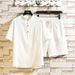 Men's Clothing two-piece suit stand-up collar retro short-sleeved suit casual solid color cotton and linen two-piece suit_ipsvogv.com