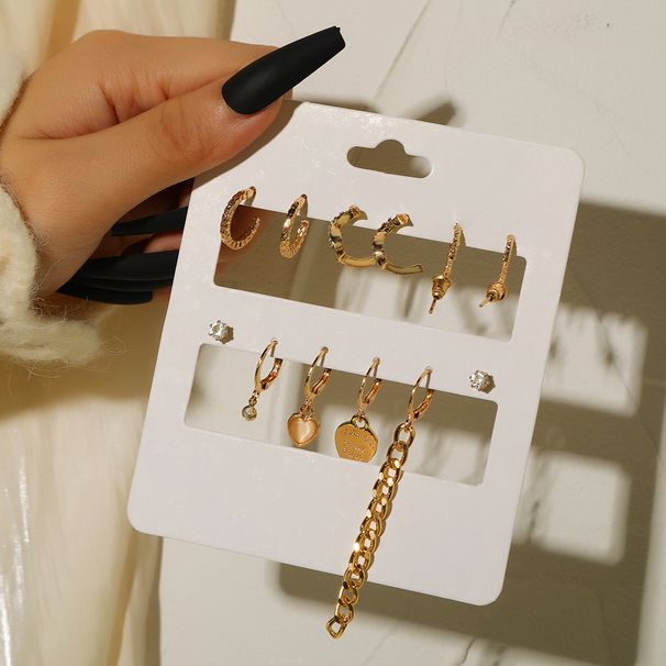 Metal Love Square Geometric Tassel Earrings Combination Set Of Retro Pearl Diamond C Shaped Earrings_ipsvogv.com