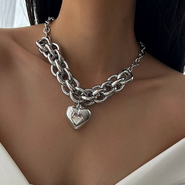 Hip Hop Punk Metal Thick Chain Necklace, Female Cool Style Ins Heart-shaped Pendant, Collarbone Necklace_ipsvogv.com