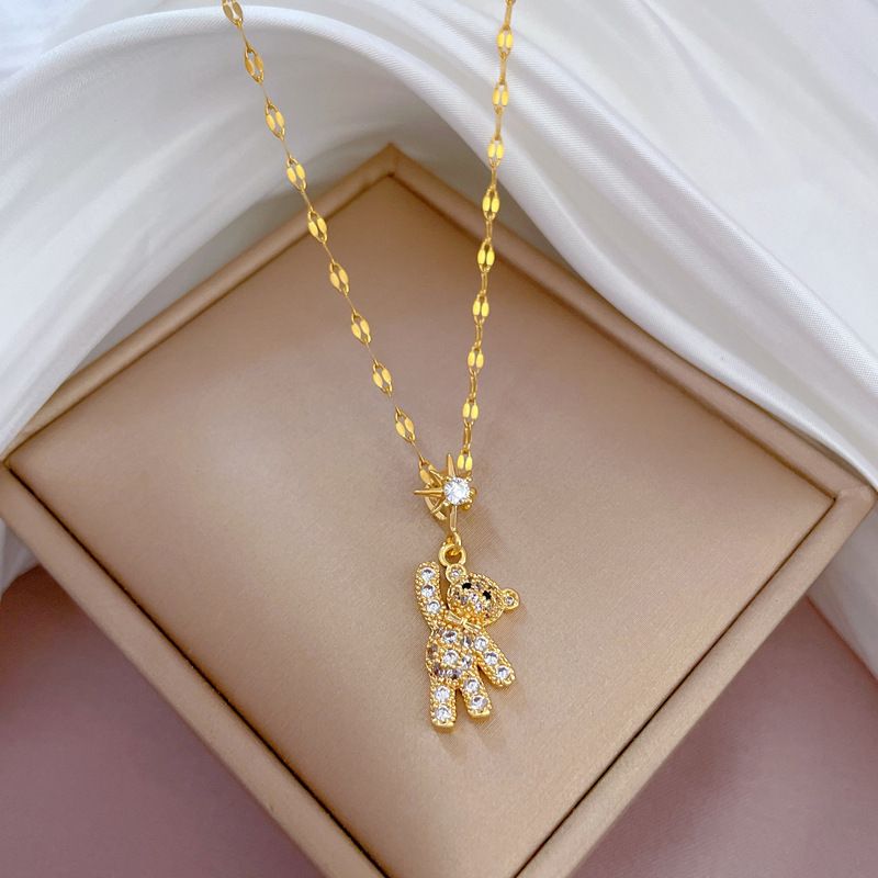 Titanium Steel 【 】 Light Luxury Full Diamond Little Bear Aoli Gives A Real Gold Necklace To Women's Lucky Instagram 【 】_ipsvogv.com