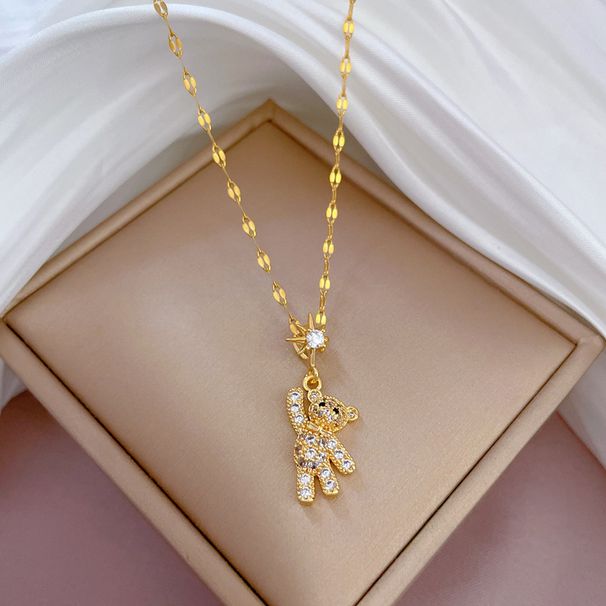 Titanium Steel 【 】 Light Luxury Full Diamond Little Bear Aoli Gives A Real Gold Necklace To Women's Lucky Instagram 【 】_ipsvogv.com