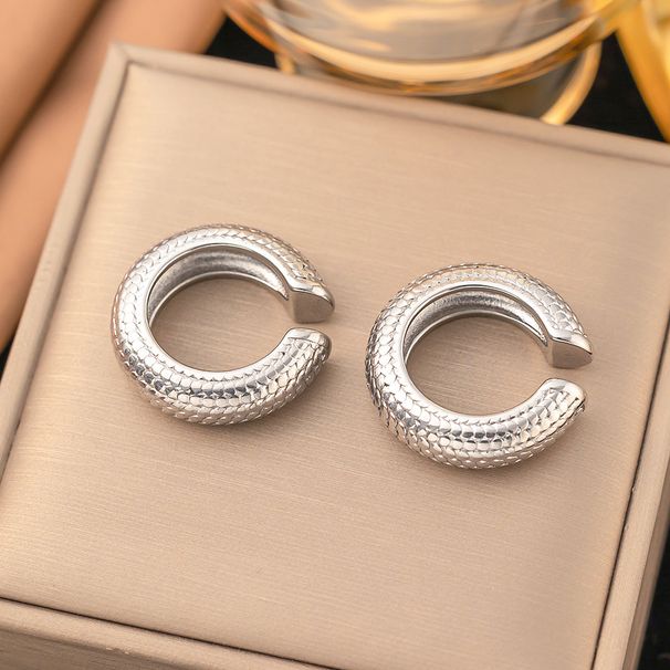 INS Wind Internet Celebrity Same Style Earrings Stainless Steel Coarse Cylinder Fish Scale Shaped C-shaped Earclip Non_ipsvogv.com