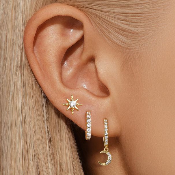 Women’s Jewelry Set Fashion Real Gold Brass Electroplating Temperament Simple Personality Six Pointed Star Inlaid Zircon Earrings Three Piece Set_ipsvogv.com