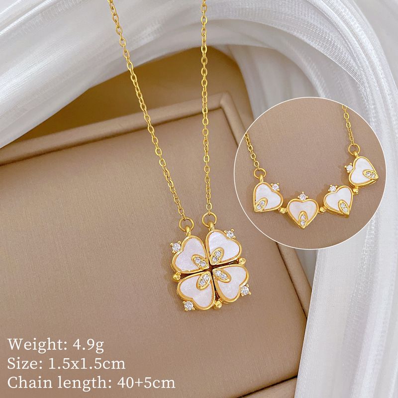 Women's 【 】 New Necklace, Two Piece To Heart Opening Four Leaf Flower Full Diamond Versatile Clavicle Chain, Titanium 【 】 Necklace, Chain,_ipsvogv.com