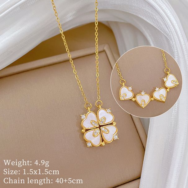 Women's 【 】 New Necklace, Two Piece To Heart Opening Four Leaf Flower Full Diamond Versatile Clavicle Chain, Titanium 【 】 Necklace, Chain,_ipsvogv.com
