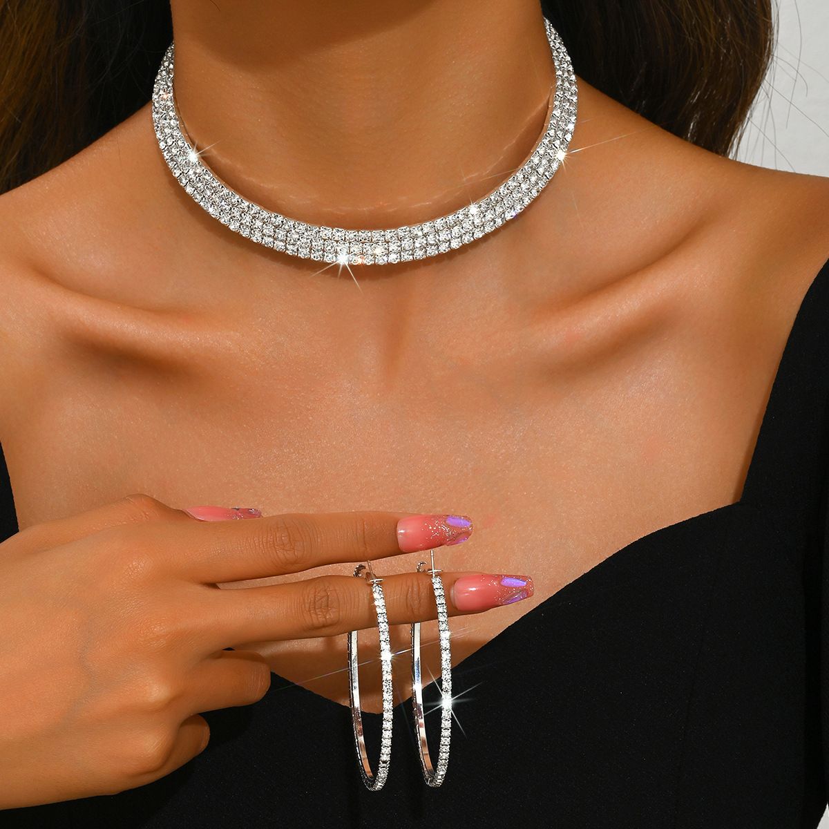 Women’s Jewelry Set Fashion Necklace Hoop Earrings Two Piece Set Full Diamond Three Row Necklace Bridal Set_ipsvogv.com