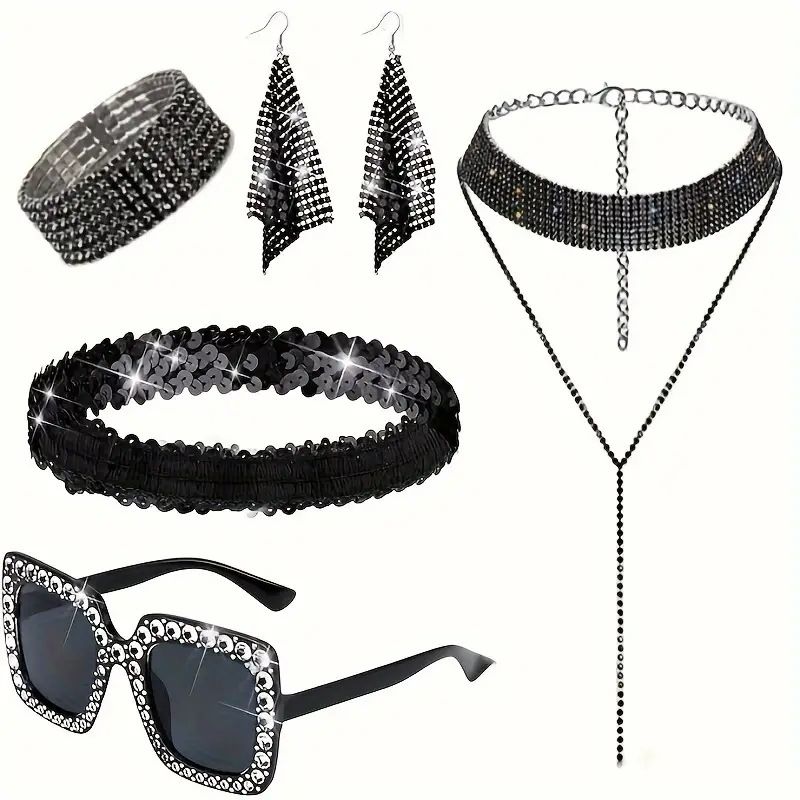 70S Disco Outfit Sunglasses Rhinestone Long Necklace Bracelet Mesh Sequins Earrings Headband Clothing Accessories_ipsvogv.com