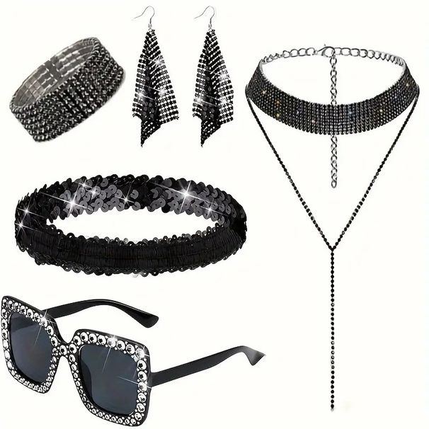 70S Disco Outfit Sunglasses Rhinestone Long Necklace Bracelet Mesh Sequins Earrings Headband Clothing Accessories_ipsvogv.com