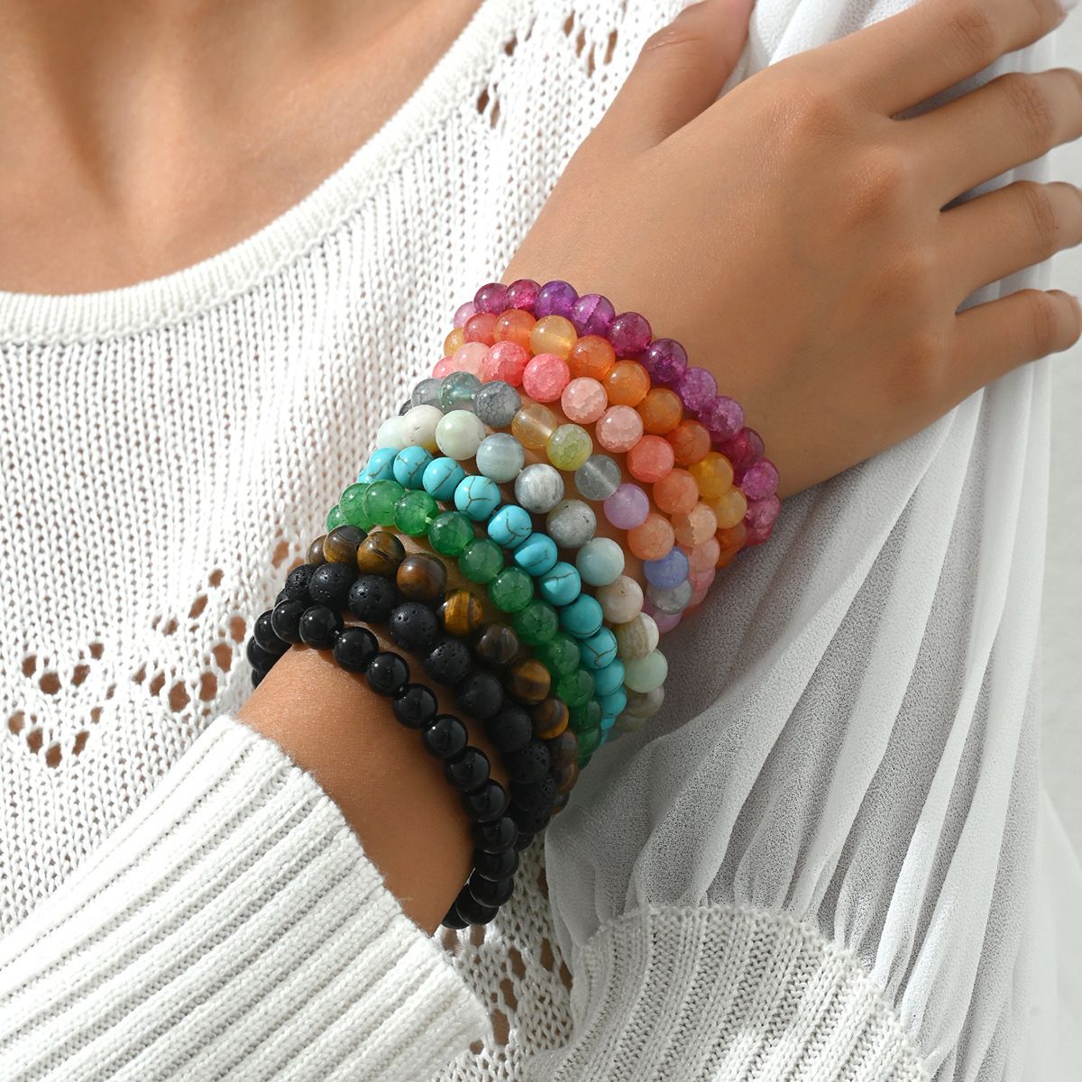 Geometric Fashion OL Women's Beaded Bracelet Set, Unique Colorful Natural Stone Design, Versatile Bracelet, Personalized_ipsvogv.com