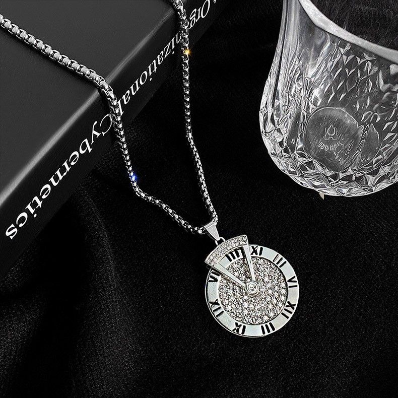 INS Cool Roman Digital Sweater Chain Time Running Long Necklace Men's Hip Hop Versatile Rotable Pendant_ipsvogv.com