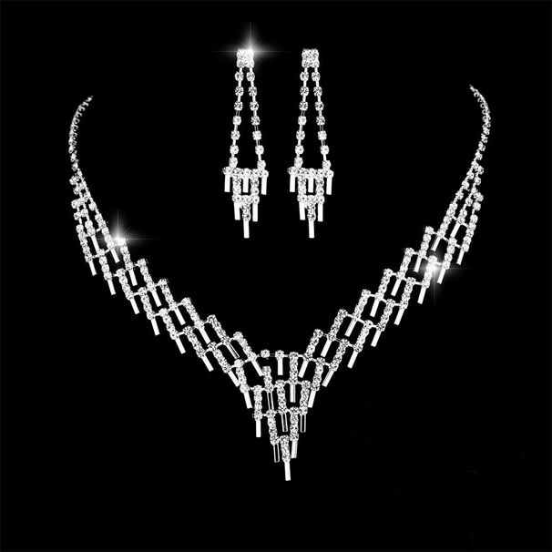 Bridal Jewelry Set - Exaggerated Rhinestone Necklace, Earrings & Bracelet In Sterling Silver (3-Piece Wedding Set)_ipsvogv.com