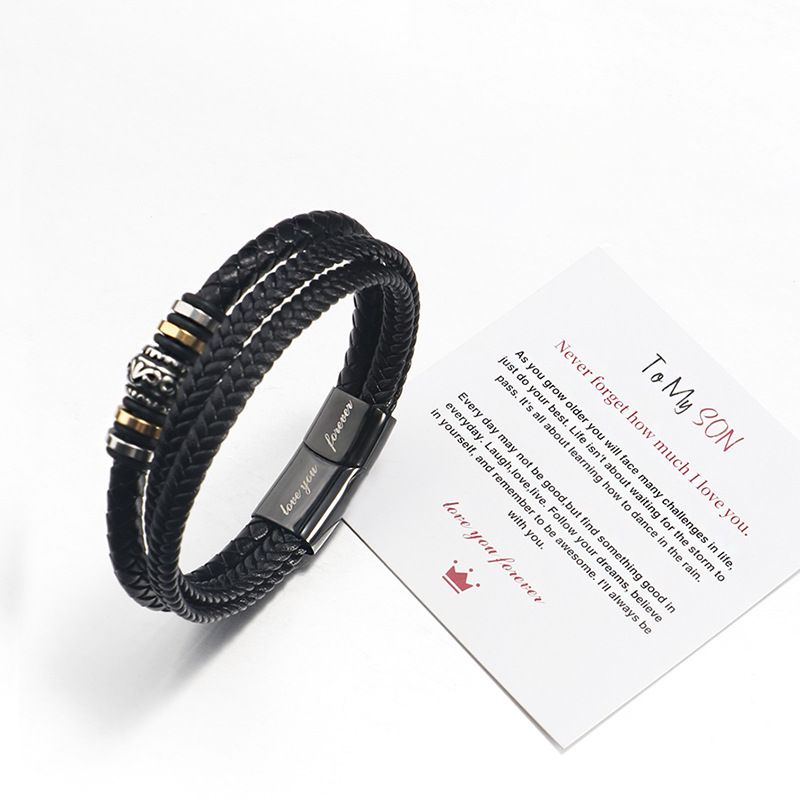 Stainless Multi-layer Braided Men's Titanium Steel Fashion Leather Bracelet Engraved Gift Set_ipsvogv.com