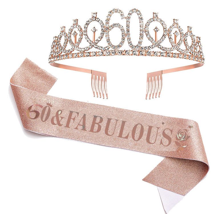 Number 40 50 60 Birthday Crown Rose Flower Etiquette Belt Set Rhinestone Headband Belt Queen Party Supplies_ipsvogv.com