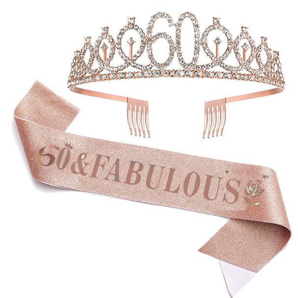 Number 40 50 60 Birthday Crown Rose Flower Etiquette Belt Set Rhinestone Headband Belt Queen Party Supplies_ipsvogv.com