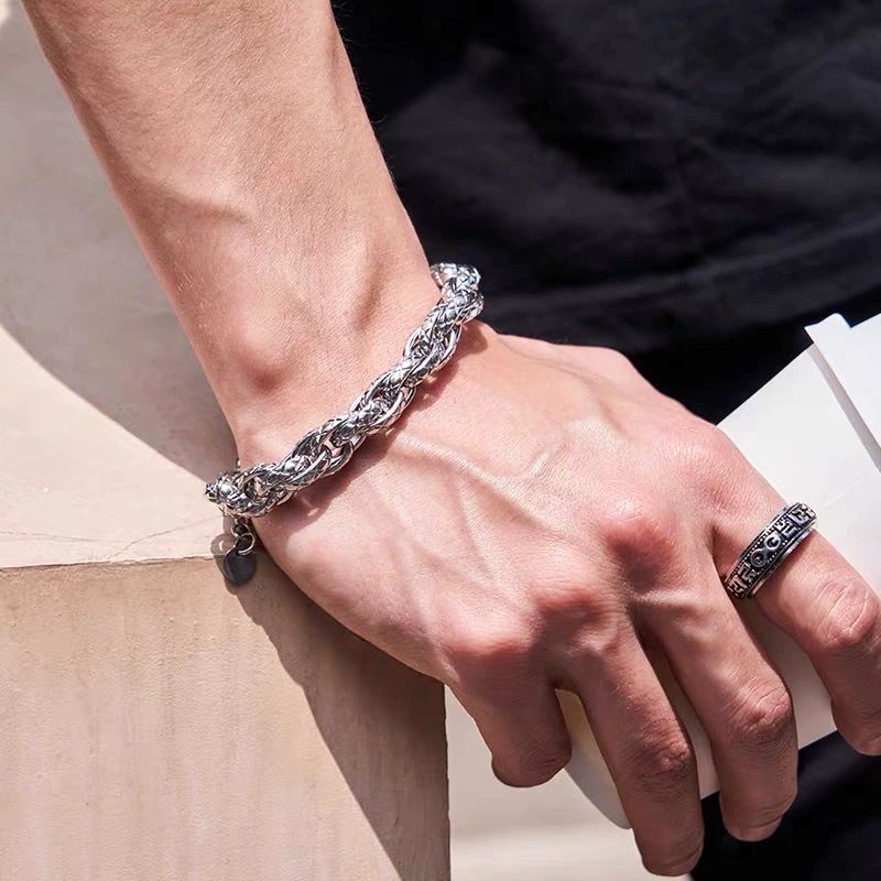 Hip-Hop Trendy 11MM Wide Men's Titanium Personality Fashion Versatile Simple X Pattern Stainless Steel Bracelet_ipsvogv.com