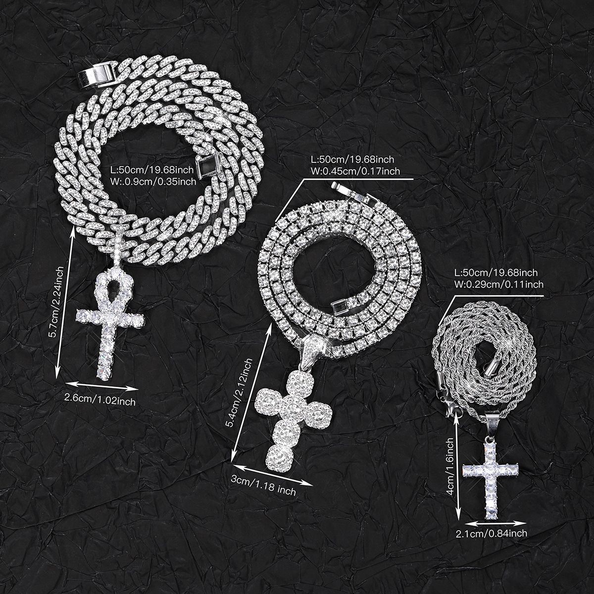 Fashionable And Unique Eye Horus Ankh Cross Necklace With Three Layers Of Full Diamond Hip-Hop Cuban Chain_ipsvogv.com