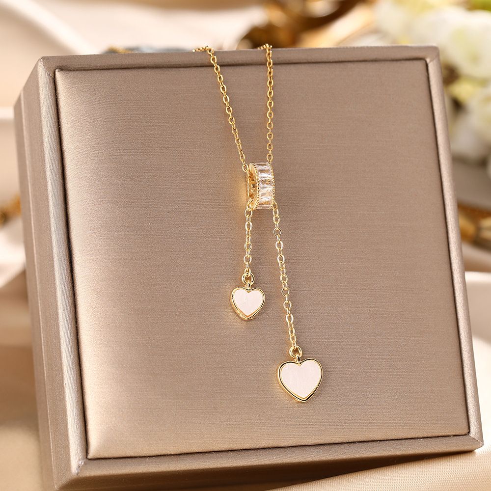 Live Streaming Hot Selling Titanium Steel Necklace For Women's Doubles, Heart-shaped Mother Of Pearl Tassel Pendant,_ipsvogv.com